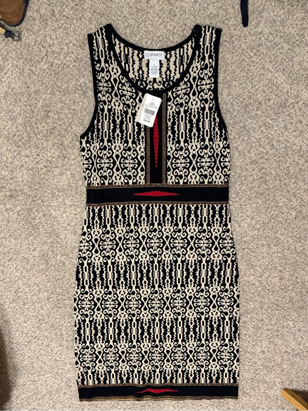 Navy & Cream Patterned Sheath Dress with Red Accents